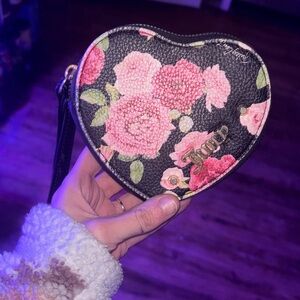 Juicy Couture Black Heart Wristlet with Pink Floral Design